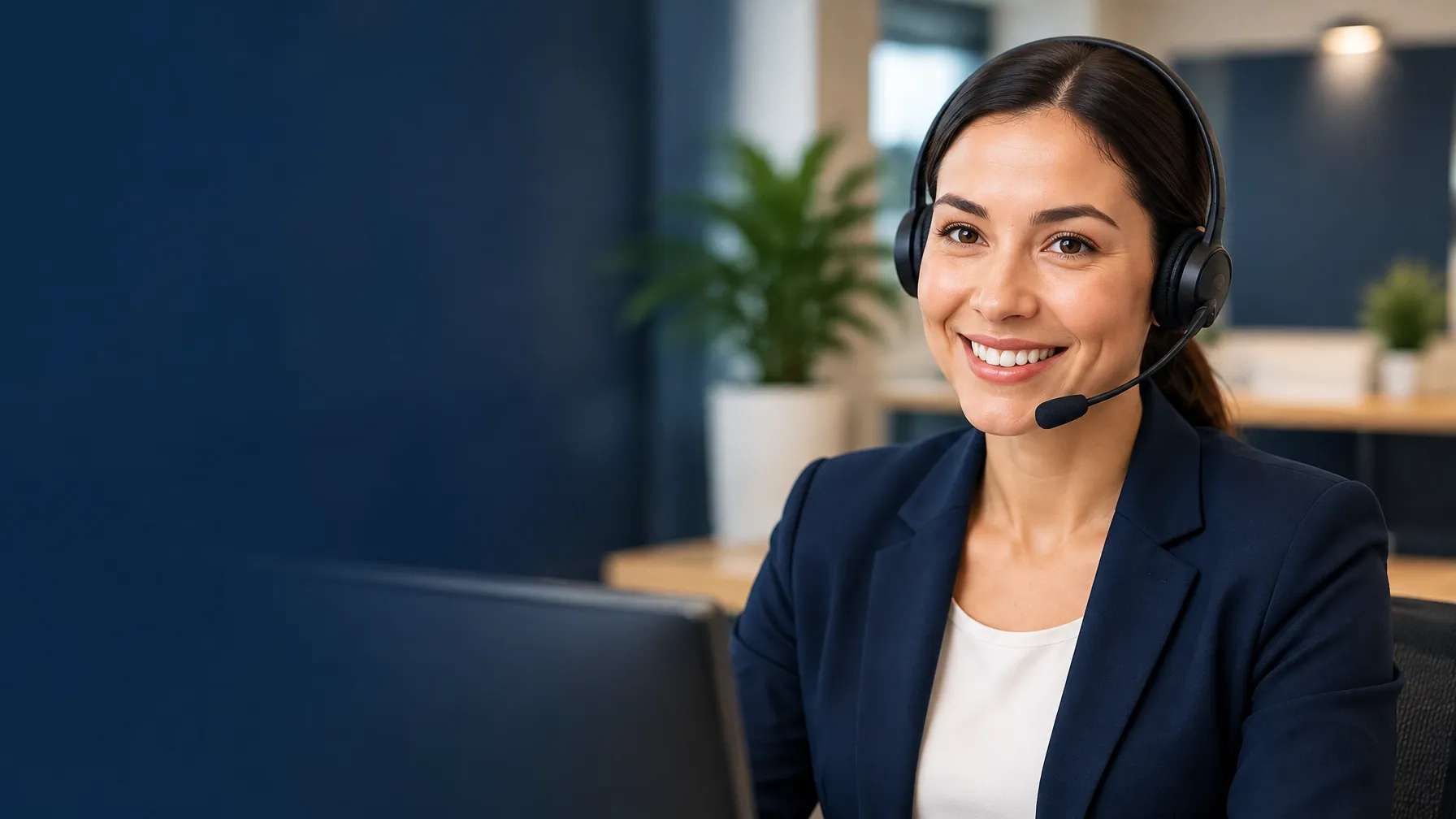 Friendly AI receptionist wearing a headset in a modern office